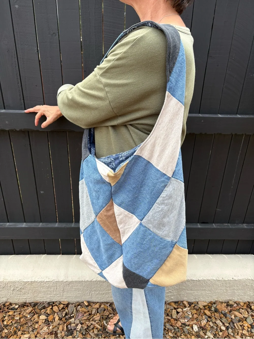 Upcycled Patchwork Blue and Brown Shoulder Tote